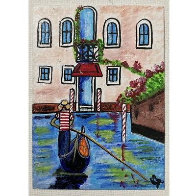 #ad ACEO ORIGINAL PAINTING Mini Collectible Art Card People Man Boat Houses Ooak $9.99