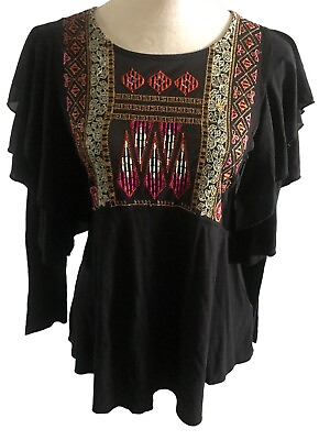 #ad Free People La Cienega Black Boho Ruffle Embroidered Linen Blend Top Size XS $19.95
