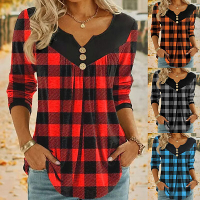 #ad Womens Plaid V Neck Long Sleeve T Shirt Blouse Ladies Casual Baggy Tops Pullover $18.69
