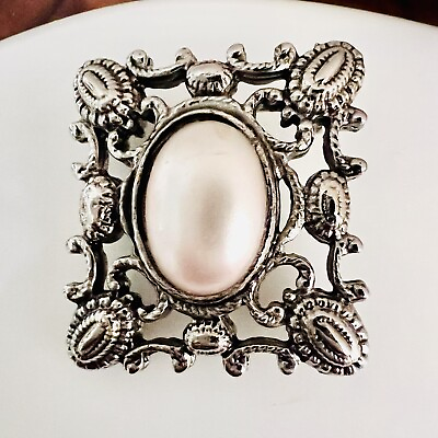 Vintage Brooch Art Nouveau Silver Tone Faux Pearl Ornate Art Unique Gothic 1337 $15.98