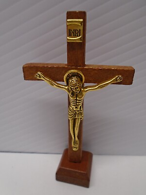 Crucifix Cross Wood Tabletop Figure INRI Gold Tone Jesus 4.25 in Tall $12.19