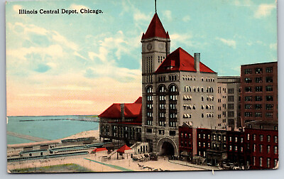 #ad Vintage Postcard IL Chicago Illinois Central Depot Aerial View Horses *1367 $1.83