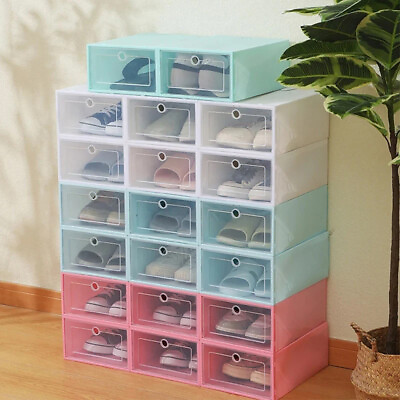 #ad 12 24pcs Foldable Plastic Transparent Shoe Box Storage Clear Organizer Stackable $18.99