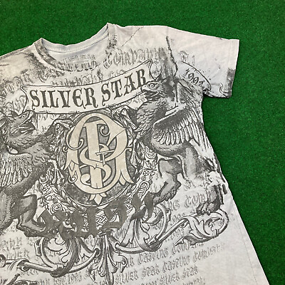 #ad Silver Star Shirt Mens L Gray Black All Over Print Goth Emo Grunge USA AOP Tee $29.95
