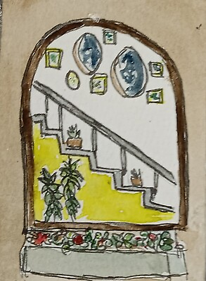 #ad ACEO Original Modern Naive Art Watercolor Painting Window View Inside Home $6.99