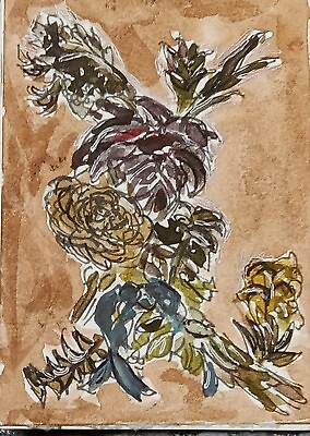 #ad ACEO Original Naive Modern Art Watercolor Painting Floral Piece In Rustic Tones $6.99