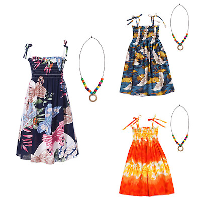 #ad Kids Girls Bohemian Style Beach Dress Necklace Floral 2Pcs Sundress Elastic $11.03