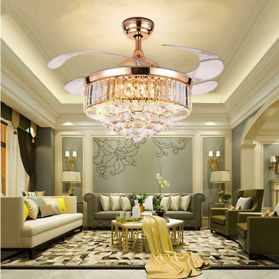 42quot; Rose Gold Invisible Ceiling Fan Lamp Remote LED Crystal Lighting Chandeliers $208.23