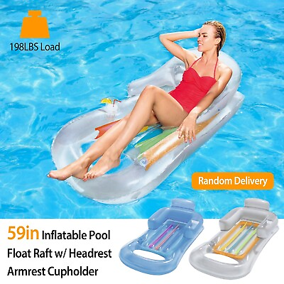 #ad Inflatable Pool Float w Headrest Armrest Cupholder Swimming Pool Lounger 59 in $45.00
