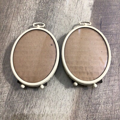 #ad Vintage Small Metal Oval Picture Frames Convex Bubble Glass Set of 2 $24.95