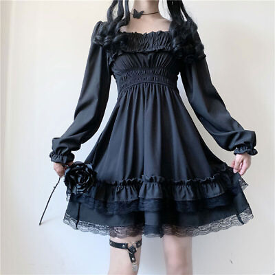 Women Lolita Black Gothic Dress Long Sleeve Kawaii Princess Girl Halloween Party $87.26