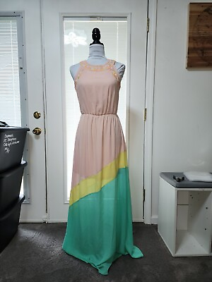 #ad Giani Bini Pastel Halter Maxi Womens Small Dress Colorblock Teal Peach Yellow $14.99