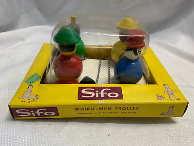 #ad Sifo Vtg Wooden Pull Toy Whirli Men Trolley #137 Rare in Original Box USA $49.95