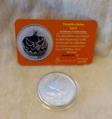#ad Pumpkin O Rotten .999 Silver Halloween Scary CMG Mint Round Medallion Bex COA $99.99