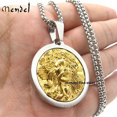 #ad MENDEL Mens Gold Plated Jesus Head Face Pendant Necklace Stainless Steel For Men $14.99