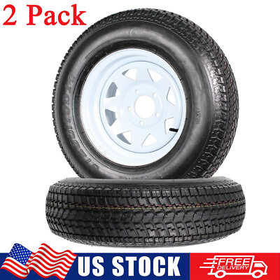 #ad 2 Pcs ST205 75D14 205 75 Trailer Tires and 14quot; Rims White Spoke Wheels 5 Lug 6PR $170.99