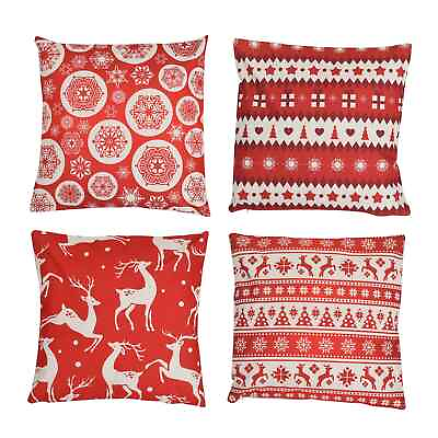 #ad HOMESMART Set of 4 Red White Christmas Theme Pattern Polyester Cushion Cover $18.79