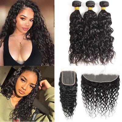 #ad 10A Human Hair Water Wave Bundles with Closure 4*4 and 13*4 Lace Frontal Closure $265.83
