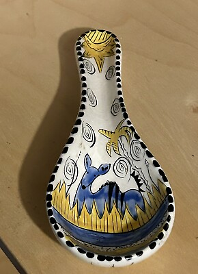 #ad Ceramic Art Spoon Rest Blue And Yellow And Wh By Tino Tenda From Zimbabwe 1997 $18.00