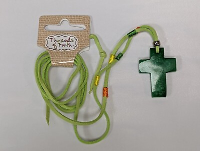 #ad GREEN Thread of Faith Cross Necklace with leather cord amp; hard plastic Cross $6.95