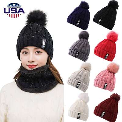 #ad Womens Winter Beanie Hat Knitted Scarf Set Pom Bobble Thermal Warm Snow Ski Cap $11.69