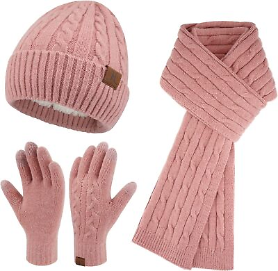 #ad Womens Winter Beanie Hats Scarf Touchscreen Gloves Set Cable One Size Pink $47.68
