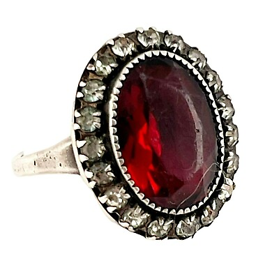 #ad Rhinestone Ruby Oval Sterling Adjustable Vintage Ring with Clear Rhinestone Acce $58.00