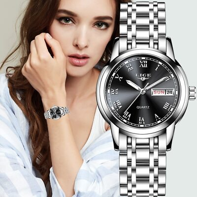 #ad Women Stainless Steel Calendar Sport Quartz Watch Waterproof Bracelet Watch $56.29