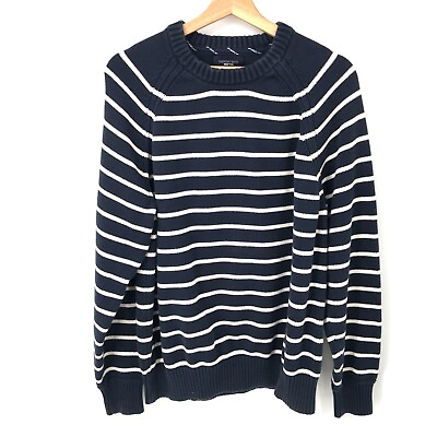LANDS#x27; END 100% Cotton Drifter nautical Sweater Navy Blue White Stripe XL Men#x27;s $36.00