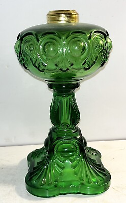 #ad Vintage Bullseye Fine Detail Stand Lamp EMERALD GREEN PRESSED GLASS OIL LAMP $95.20