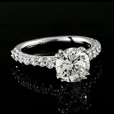 #ad 3CT Round Cut Cubic Zirconia Solitaire with Side Stone Engagement Ring in Silver $156.39