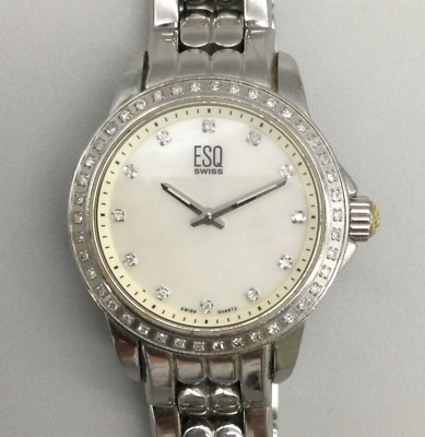 ESQ Movado Diamond Watch Women 29mm Silver Tone MOP Dial Swiss New Battery 8quot; $53.99