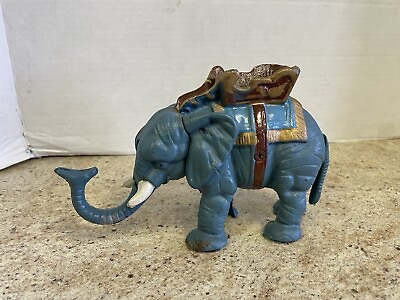 #ad Vintage Mechanical Cast Iron Elephant Bank Blue gold Coin Bank $20.24