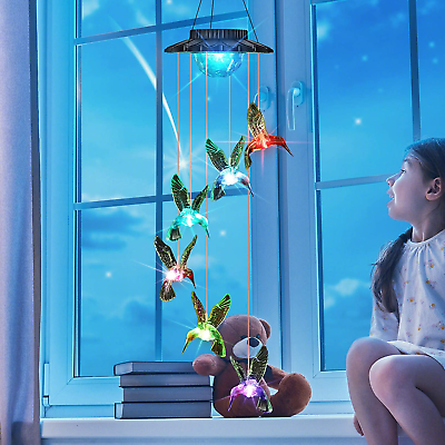 Solar Wind Chimes LED Hummingbird Color Changing Outdoor Indoor Waterproof Mobi $28.03