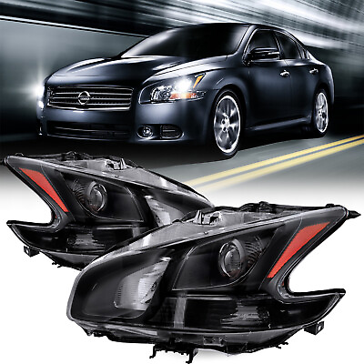 For 2009 2014 Nissan Maxima Sedan Halogen Black Headlights Assembly Lamps Pair $155.99