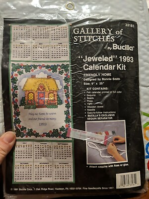 #ad Vtg Bucilla 1993 Jeweled Calendar Kit Friendly Home #33181 Size 9 x 25 $23.99