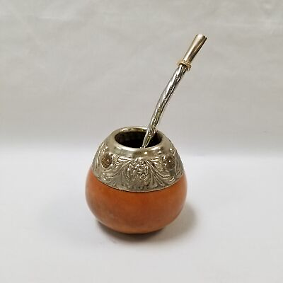 #ad Industria Argentina Vintage Silver Yerba Matte Tea Gourd Cup amp; Tea Stir Straw $14.40
