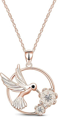 #ad Round Hummingbird with Flower Pendant Necklace In 14k Rose Gold Plated Sterling $59.28