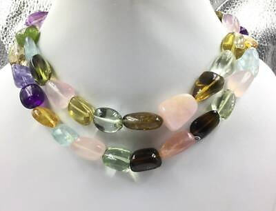 Natural Semi Multi Smooth Tumbles Beads Gemstone Necklace $79.04