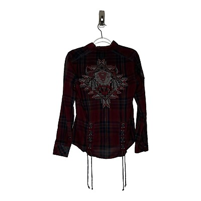 #ad Affliction Womens Blouse Size Medium Plaid Snaps Western Embroidered Tassels $28.90