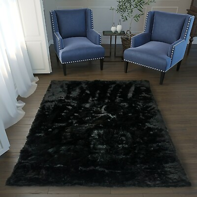 #ad RugBerry 4x5 ft Faux Fur Sheepskin Area Rug Soft Fluffy Home Shag Carpet Black $104.30