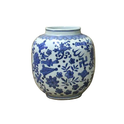 #ad #ad Chinese Oriental Blue White Flower Graphic Ceramic Container Jar ws721 $143.00