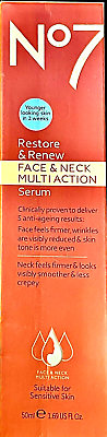 NO7 RESTORE AND RENEW FACE AND NECK MULTI ACTION SERUM 50 ML 1.69 OZ. NEW BOX $16.88
