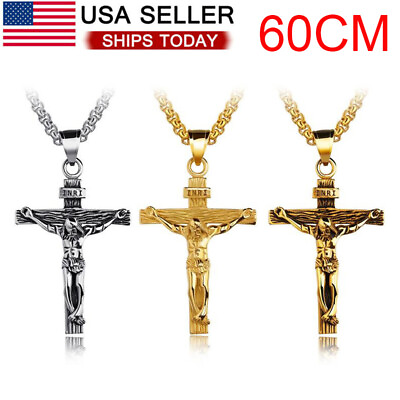 Men#x27;s Stainless Steel Jesus Christ Crucifix Cross Pendant Chain Necklace $7.99