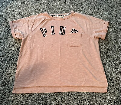 #ad PINK Victorias Secret Small Weathered Pink Short Sleeve Logo Sweatshirt $17.00