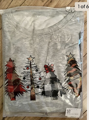 NIP Womens Long Sleeve Round Neck Knit Christmas Shirt 4 Trees Gray XXL $17.99