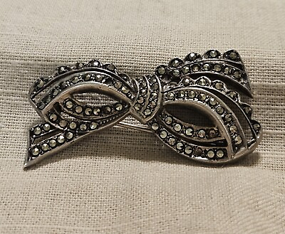 #ad Art Deco Sterling Silver 935 Marcasite Industria Argentina Bow Brooch Vintage $40.00