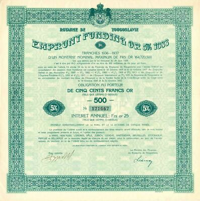 #ad Royaume De Yougoslavie Emprunt Funding 500 or 250 Francs Bond Foreign Bonds $75.00