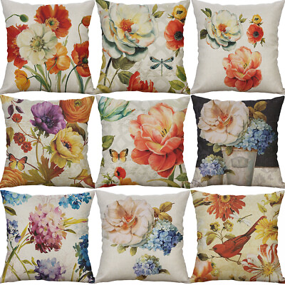 #ad Peony Print Cotton Linen Sofa Waist Cushion Cover Pillow Case Home Decor $3.87