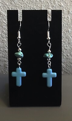 Handmade Turquoise Cross Earrings for Women Sterling Silver Dangle Earrings $7.00